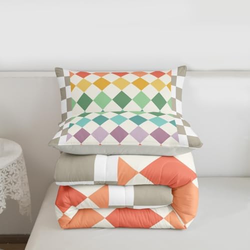 Checkered Geometric Bedding Set for Boys Girls Green Yellow Beige Brown Plaid Comforter Set Full Size Checkerboard Modern Aesthetic Duvet Quilt Reversible Grey Bedroom Decor 3 Pcs with 2 Pillow Cases