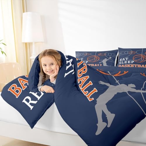 Castle Fairy Basketball Comforter Set with 2 Pillowcases,Basketball Court Super Soft Microfiber Bedding Set for Adults Teens,Ball Sports Games Navy Blue Duvet Set for Room Decor,King
