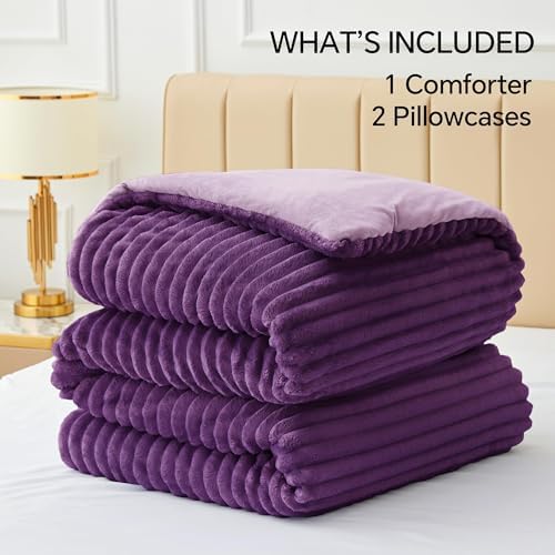 BEDELITE Fleece California King Comforter Set, Fluffy Bed Set, Purple