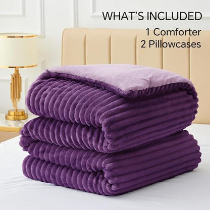 BEDELITE Fleece California King Comforter Set, Fluffy Bed Set, Purple