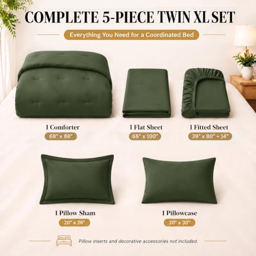 CozyLux Twin XL Comforter Olive Green, 5 Pieces Bed in a Bag