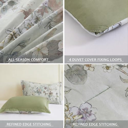 King Comforter Set 3 Pieces, 100% Cotton Vintage Floral Bedding Set for All‑Season, Soft Breathable Reversible Comforter with 2 Pillow Shams