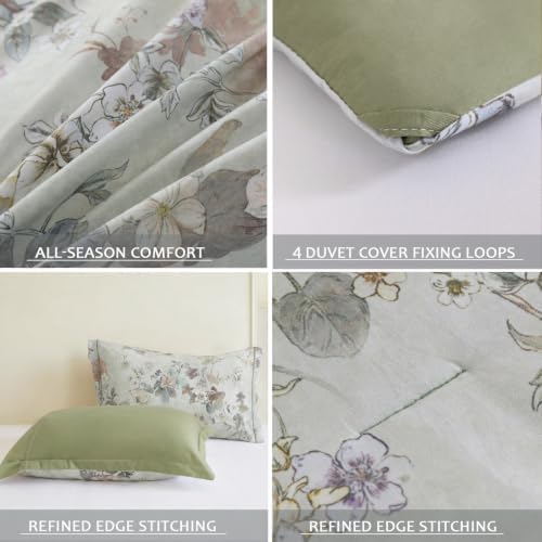 Queen Comforter Set 3 Pieces, 100% Cotton Vintage Floral Bedding Set for All‑Season, Soft Hypoallergenic Comforter with 2 Pillow Shams