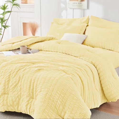 HYMOKEGE Yellow King Size Comforter Set Seersucker 7 Pieces, All Season Luxury Bed in a Bag for Bedroom, Bedding Set with Comforter, Sheets, Pillowcases & Shams