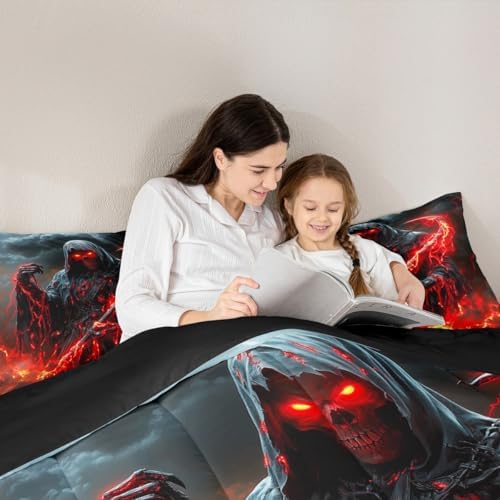 Human Skeleton Kids Comforter Set King Size,Fire Skull Dark Clouds Gothic Western Bedding Set,Girls Boys Room Decor,Happy Halloween Trippy Quilt Comforter,Vintage Chic Duvet Insert,2 Pillowcases