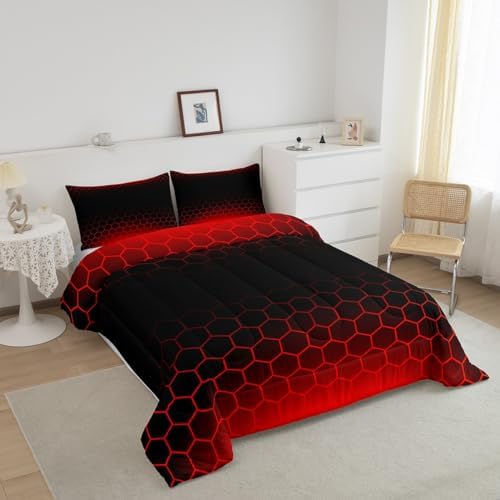 Feelyou Red Black Ombre Comforter Set Twin, Honeycomb Bedding Set for Kids Abstract Hexagonal Comforter Ombre Duvet with 1 Pillow Case