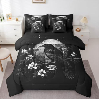 Erosebridal Gothic Raven 7 Piece Bedding Set Queen Halloween Moon Comforter Set with Sheets Vintage Florals Bed in a Bag Mysterious Dark Black Bird Horror Wildlife Bed Sets Comforter
