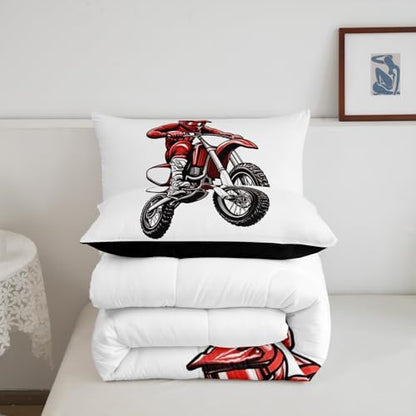 Feelyou Dirt Bike Bedding Set Kids Boys Girls Queen Size Racing Motocross Rider Comforter Set Teen Adult Ultra Soft Motorcycle Racer Comforter Extreme Sports Duvet Quilt Black and White Check Quilt