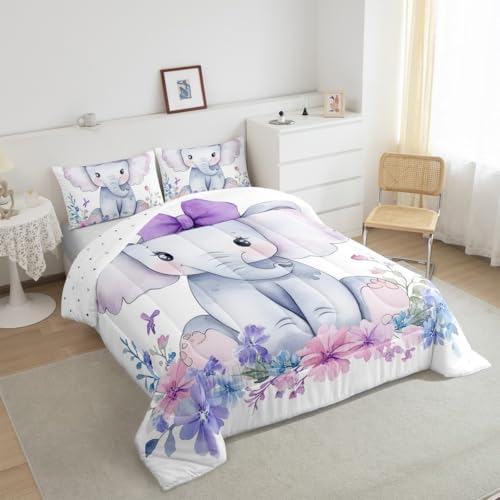 Kids Elephant Bedding Set Cute Animal Comforter Set Twin For Girls Boys Kawaii Room Decor, Flower Branches Duvet Sets Cartoon Elephant With Floral Down Comforter With 1 Pillow Case, Purple Blue