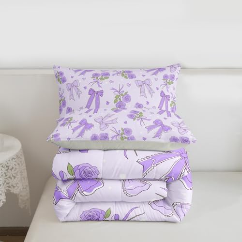 Castle Fairy Purple Bowknot Comforter Set Full Size,Romantic Rose Duvet Sets for Kids Teens Adults Bedroom Decor,Retro Farmhouse Purple Floral Ultra Soft Bedding Comforter,3 Pcs