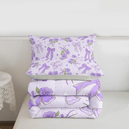 Castle Fairy Purple Bowknot Comforter Set Full Size,Romantic Rose Duvet Sets for Kids Teens Adults Bedroom Decor,Retro Farmhouse Purple Floral Ultra Soft Bedding Comforter,3 Pcs