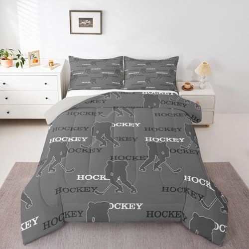 Manfei Hockey Players Kids Comforter Set Queen Size, Bedding Set,Girls Boys Room Decor,Ball Activity Game Quilt Comforter,Gray Duvet Set Bedroom Quilt Set,2 Pillowcases