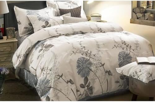 Wake In Cloud - Floral Comforter Set, 100% Cotton Fabric, Vintage Flower Shabby Chic Farmhouse Botanical Cottagecore Sunflower, 3 Pieces Bedding Set, Gray Beige, King Size