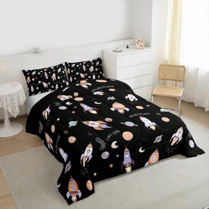 Erosebridal Kids Cartoon Rocket Full Size Comforter Sets for Kids Boys Girls,Planets Galaxy Bedding Set,Hand-Drawn Spaceship Duvet Insert,Starry Outer Space Quilt Bedroom Decor