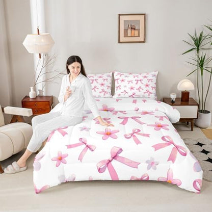 jejeloiu Pink Bow Comforter Set All Season Kawaii Bowknot Bedding Set with 2 Pillow Cases Dreamy Princess Style Microfiber Kids Full Bedclothes Cute Bow Bedroom Decor Duvet Quilt Breathable Soft