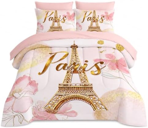 AILONEN Paris Eiffel Tower Comforter Set Queen 7-Piece Tie Dye Flower Pink Bed in a Bag for Girls Women,Soft Comforter & Fitted Sheet with Flat Sheet,2 Pillowcases,2 Pillow Shams