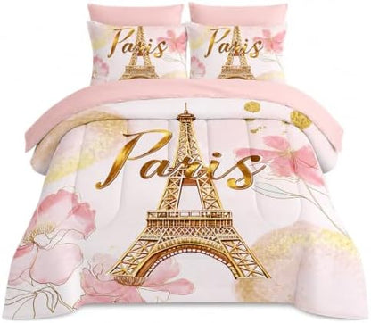 AILONEN Paris Eiffel Tower Comforter Set Queen 7-Piece Tie Dye Flower Pink Bed in a Bag for Girls Women,Soft Comforter & Fitted Sheet with Flat Sheet,2 Pillowcases,2 Pillow Shams