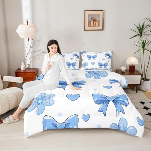 jejeloiu Bow Comforter Set Bowknot Bedding Set White Blue Kids Full Bow-tie