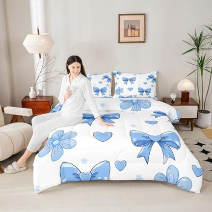 jejeloiu Bow Comforter Set Bowknot Bedding Set White Blue Kids Full Bow-tie