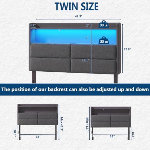 Garvee Twin Size Headboard Only with 2-Tier Storage,Charging Station,Grey
