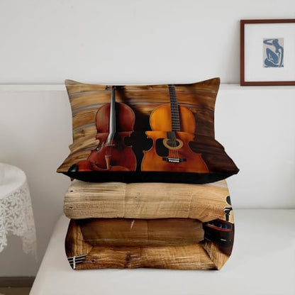 Erosebridal Guitar Bedding Set King Size Retro Cello Violin Duvet Quilt Sets Jazz Music Comforter Set Rustic Rock Musical Instrument Comforter for Kids Boys Girls Teens Retro Bedroom Decor 3 Pcs