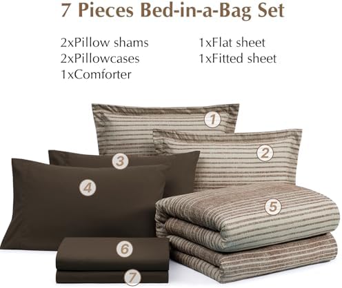 Queen Size Comforter Set Striped Chocolate Brown 7 Pieces Bed in a Bag