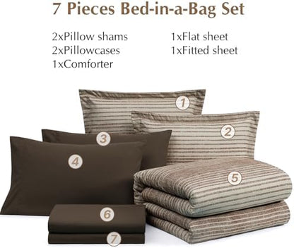 Queen Size Comforter Set Striped Chocolate Brown 7 Pieces Bed in a Bag