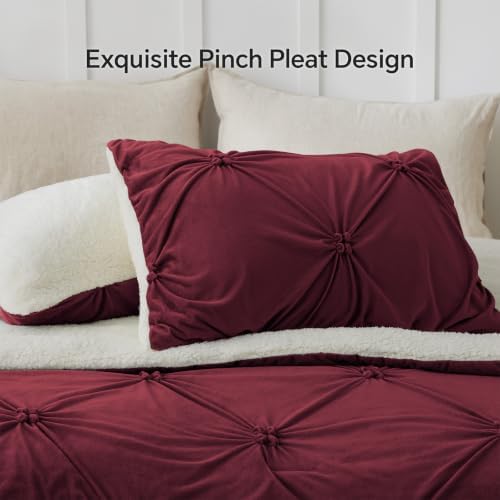 BEDELITE Fluffy Sherpa Twin Comforter Set,Pintuck-Burgundy