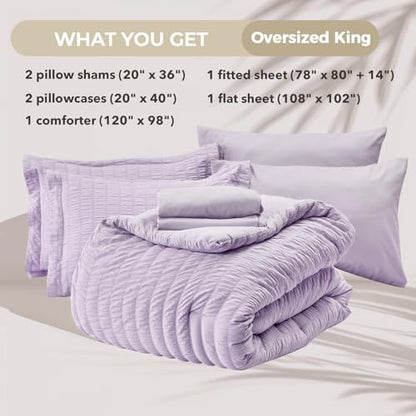 HYMOKEGE Lavender Oversized King Comforter Set Seersucker 7 Pieces, All Season Luxury Bed in a Bag for Bedroom, Bedding Set with Comforter, Sheets, Pillowcases & Shams
