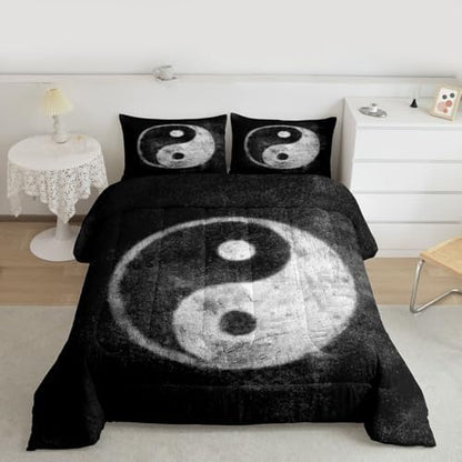 Feelyou Yin Yang Bedding Set for Girls Boys Children Boho Trippy Psychedelic Art Comforter Set Decorative Gossip Pattern Comforter Traditional Ying Yang Theme Duvet Set Queen Size 3Pcs