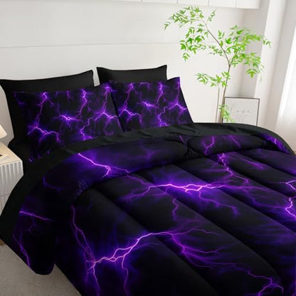 Nttopship Violet Lightning Comforter Set Queen Thunder Bedding Sets 7PCS,Purple LightLight 7 Piece in A BagLight Violet Lightning Bedding Set 7 Piece in A Bag,Bed Sheet Set Abstract Decor All Seasons
