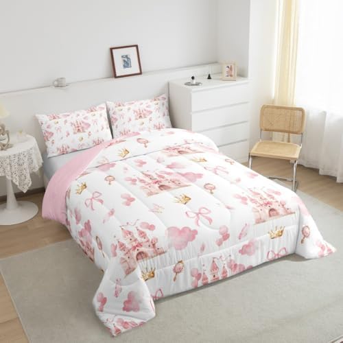 Feelyou Kids Pink Castle Duvet Insert Toddler Size, Cute Bowknot Comforter Set Boys Girls Girls Dreamy House Bedding Set Fairytale Teens Bedroom Decor Bed Set 2Pcs