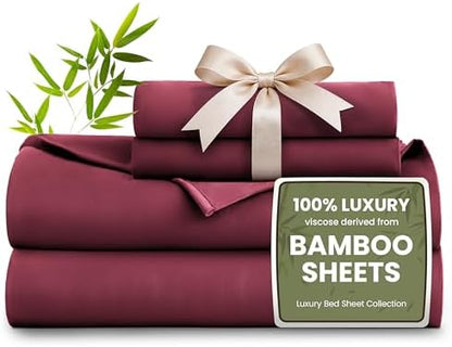 Love's cabin 4 Piece Queen Sheet Set, 100% Rayon Derived from Bamboo, Cooling & Breathable, Soft Silky Deep Pocket up to 16", Hotel Luxury Bedding for Hot Sleepers, Burgundy