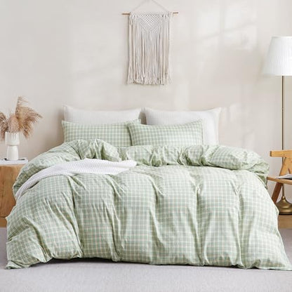 TOCOMOA Plaid Duvet Cover Set 100% Washed Cotton Like Linen, Queen