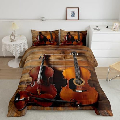 Erosebridal Guitar Bedding Set King Size Retro Cello Violin Duvet Quilt Sets Jazz Music Comforter Set Rustic Rock Musical Instrument Comforter for Kids Boys Girls Teens Retro Bedroom Decor 3 Pcs