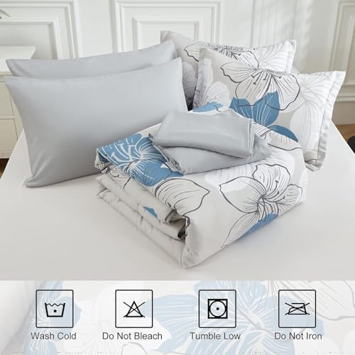 Luxudecor Floral Comforter Set Full Size, Blue Floral Comforter and Sheet Set, 7 Pieces Bed in a Bag Soft Microfiber Complete Bedding Sets for All Seasons 80"×90"