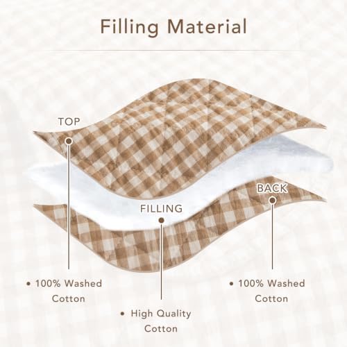 Lady Ann 100% Cotton Twin Quilt Set - Tan Gingham Quilted Bedspread, Soft 68x86 Khaki Plaid Coverlet with 1 Scalloped Edge Pillow Sham, Lightweight Farmhouse Bedding Set for All Season