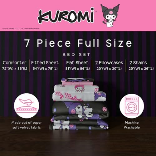 Sanrio Kuromi & My Melody Bedding 7 Piece Super Soft Cozy Reversible Comforter and Sheet Set with Sham, Full, (Officially Licensed Product) By Franco