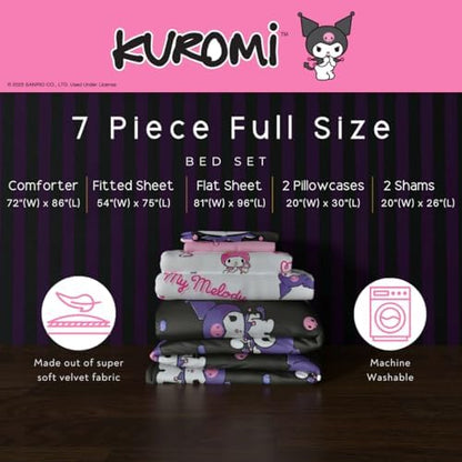 Sanrio Kuromi & My Melody Bedding 7 Piece Super Soft Cozy Reversible Comforter and Sheet Set with Sham, Full, (Officially Licensed Product) By Franco