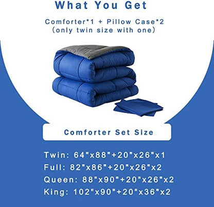 DOWNCOOL Twin Comforter Set -All Season Bedding Comforters Sets with 1 Pillow Case -2 Pieces Bed Set Down Alternative Comforter Set -Blue/Grey Twin Bedding Sets(64"x88")