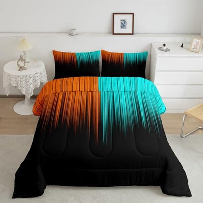 Feelyou Abstract Ombre Comforter Set Full Size, Kids Teens Orange and Teal Girls Bedding Sets Decor Modern Geometric Stripes Quilt Set with 2 Pillow Cases