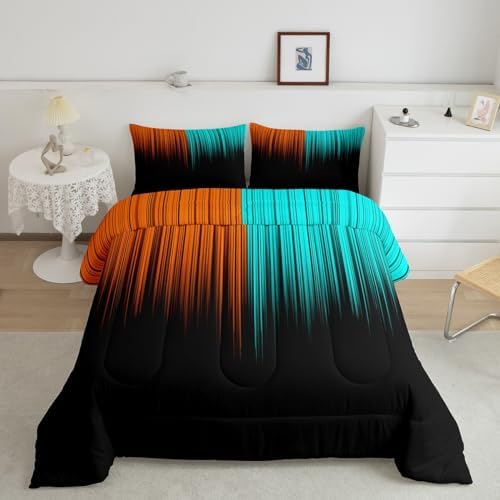 Feelyou Abstract Ombre Comforter Set King Size, Kids Teens Orange and Teal Girls Bedding Sets Decor Modern Geometric Stripes Quilt Set with 2 Pillow Cases