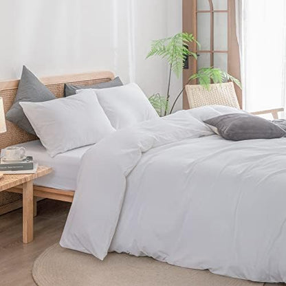BESTOUCH Cotton Solid Duvet Cover Set Linen Feel Bright White Super Queen