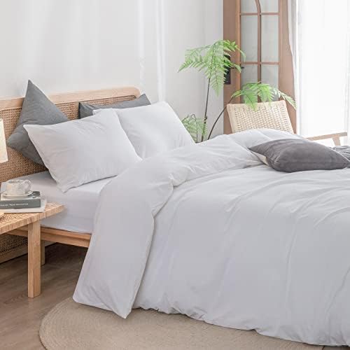 BESTOUCH Cotton Solid Duvet Cover Set Linen Feel Bright White Full
