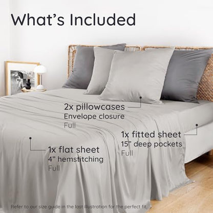 Bambaw 100% Viscose Derived from Bamboo Bed Sheets Full Size Set – 4pcs Breathable & Cooling Sheet Set for Hot Sleepers, Super Soft Full Size Sheets, with Elastic Corner Straps (Moonlight Gray)