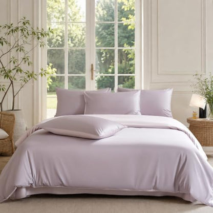 Full Size Duvet Cover, 100% Egyptian Cotton,1600 Thread Count, Reversible Duvet Cover, Soft and Breathable Satin Bedding Set, All Seasons (Heather Light Purple, 80"x90")