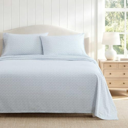Martha Stewart - King Sheet Set with Fitted Sheet & Pillowcases, Cotton Percale Bedding with a Smooth Feel, Deep Pocket, Leaves Blue
