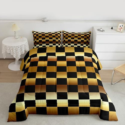 Feelyou Checkered Comforter Set All Season Modern Geometric Golden Yellow Bedding Set with 1 Pillow Cases Cute Neutral Plaid Kids Twin Bedclothes Vintage Aesthetic Bedroom Decor Duvet Quilt