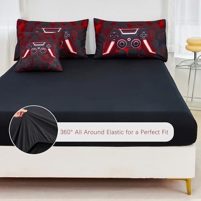 URBONUR Black and Red Gaming Comforter Set Full Size for Boys 6 Pieces