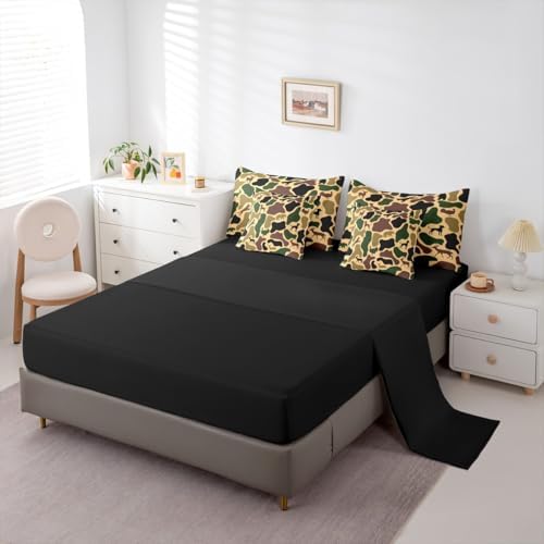 Erosebridal Hunt Bear 7 Piece Bedding Set Twin Camo Comforter Set with Sheets Wolf Turkey Deer Hound Print Bed in a Bag Yellow Brown Camouflage for Kids Boys Girls